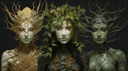Three female dryads with clothing made of leaves and vines, hair mimic textures of the forest - obrazy, fototapety, plakaty