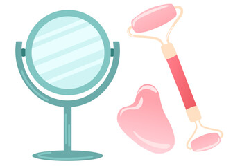 Mirror, gua sha scrapers made of natural stone and roller massager for facial care. Vector illustration