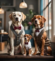AI generated illustration of canines sitting side-by-side wearing formal suits