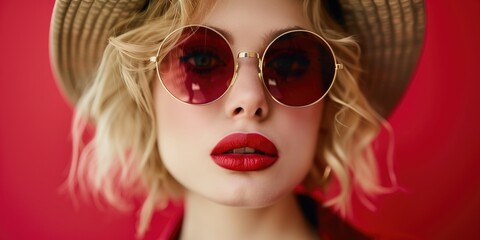 Striking portrait of a model with golden sunglasses against a rich red backdrop for impactful visual content