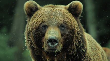 Brown bear looking intently, with a focus on its face against a green forest backdrop. - obrazy, fototapety, plakaty