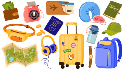 Travel set. Traveling collection, camera and map, accessories needed in trip. Baggage, hat, backpack, documents, money. Vector illustration isolated on the white 