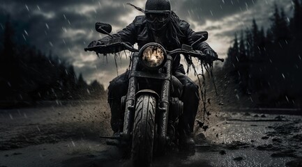 a biker is riding through some muddy roads in the rain - obrazy, fototapety, plakaty