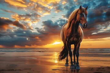 A foggy blue and orange sky with a sunset and a brown horse standing on a sandy beach - obrazy, fototapety, plakaty
