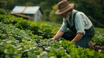 An elder farmer tending to a field of green crops, wearing a hat and overalls. - Powered by Adobe