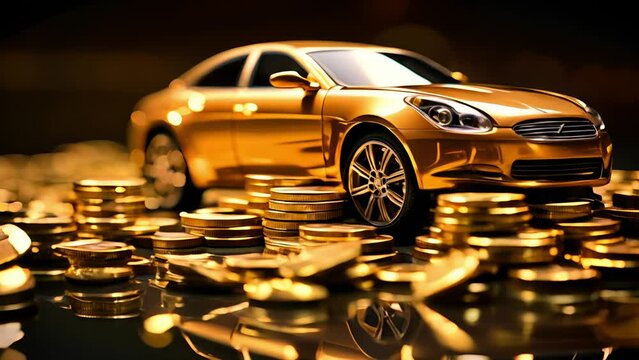 Car with coins, auto and financing, car insurance and car loans, concept of savings money on car purchase. Small red car on pile of coins	