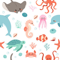 Fototapeta na wymiar Seamless pattern with marine animals or underwater creatures, sea and ocean life elements. Trendy patternfor wrapping paper, wallpaper, stickers, notebook cover. 