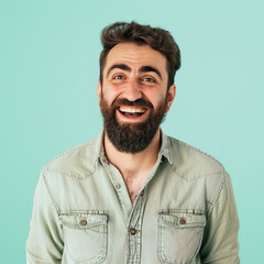 Man laughing on turquoise background
