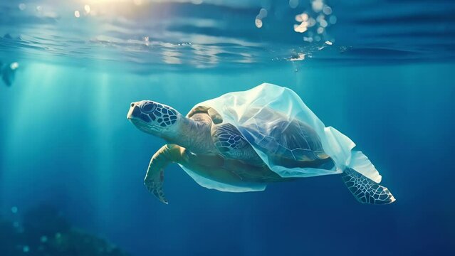 Plastic pollution is an environmental problem in the oceans. Turtle stuck in plastic bag, save ocean concept. Underwater concept of global problem with plastic waste floating in the ocean	
