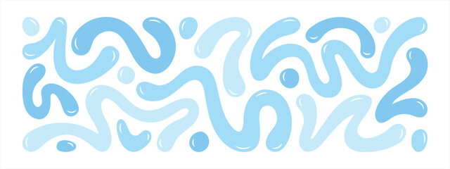Water blobs, drips, squiggles, groovy doodle wavy stripes inscribed in a long banner shape, bold scribbles, liquid spots. Blue fluid watery graphic design elements, aquatic text background