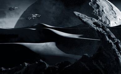 Spaceship flying over desert, 3D illustration