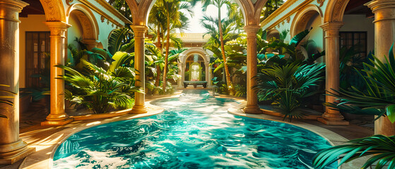 Exotic Resort Elegance with Water Features, Architectural Beauty in Tropical Ambiance, Luxurious Poolside Leisure, Vacation in Style