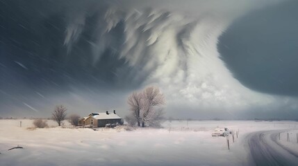 AI illustration of a vast expanse of farmland being bombarded by a raging storm. - obrazy, fototapety, plakaty