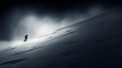 AI illustration of a persom trekking up a snowy mountain path. - obrazy, fototapety, plakaty