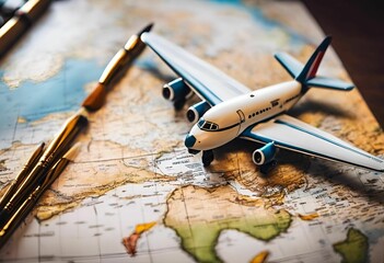 airplane on a world map, near a gold pen and inkbrush