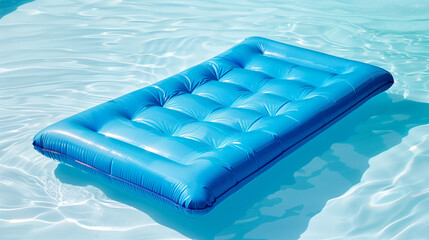 Blue inflatable mat in a swimming pool in summer