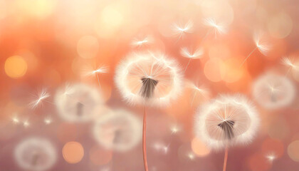 Dandelions blowing in the wind, peach fuzz toned, soft bokeh with light leaks, selective focus, dreamy summer visual