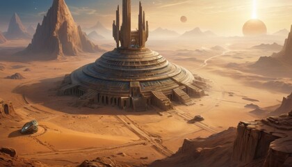An otherworldly temple looms over a vast desert landscape under twin suns, suggesting an ancient civilization and mysterious rituals on a distant planet.. AI Generation
