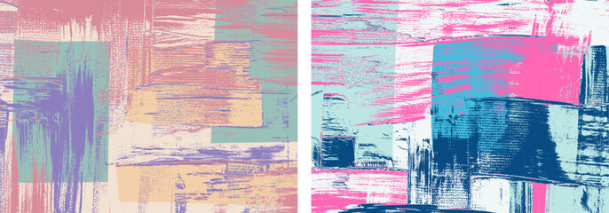 Colorful pink paint strokes on canvas, set of abstract paintings, low color contrast grungy vector background