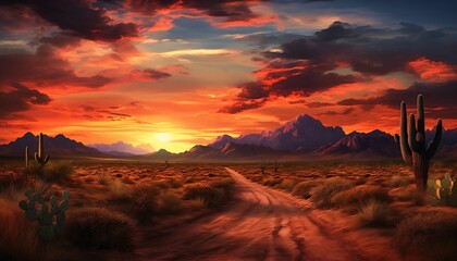 AI generated illustration of sunset over a dirt road in Arizona - obrazy, fototapety, plakaty