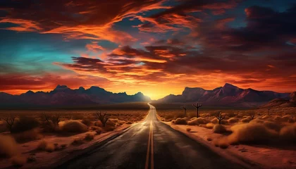  AI generated illustration of sunset over a dirt road in Arizona © Wirestock
