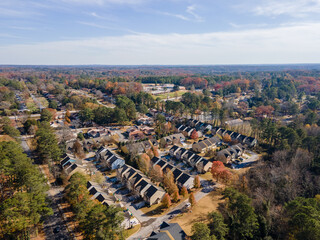 Aerial landscape of residential area during fall in Decatur Atlanta Georgia