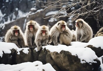 AI generated illustration of a group of Japanese Macaques perched atop a snow-covered rock wall - obrazy, fototapety, plakaty