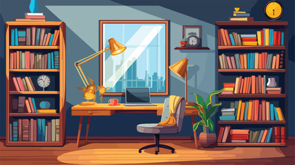 Home study room with books design 2d flat cartoon v