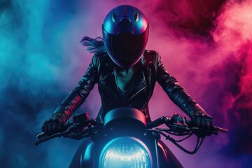 Naklejka premium Neon Dreams: Synthwave Motorcycle Ride