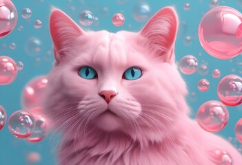 AI generated illustration of a pink cat with blue eyes against pink bubbles