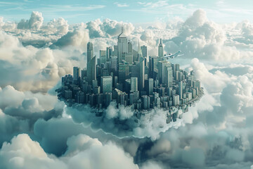 A metaverse city on clouds built on blockchain technology  - obrazy, fototapety, plakaty
