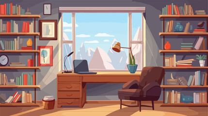 Home study room with books design 2d flat cartoon v