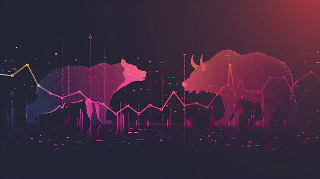 A bear standing on a descending graph line, looking down, while a bull stands on an ascending line, charging upwards, symbolizing market dynamics