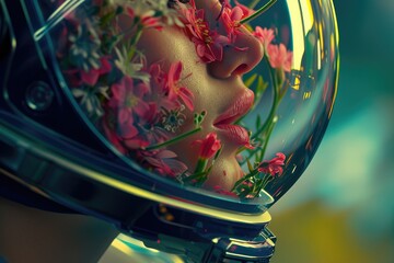 Floral Cosmos: Astronaut in Tranquil Space - obrazy, fototapety, plakaty