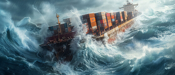 A cargo ship tilting dangerously to one side, containers slipping into the ocean as waves crash over the deck