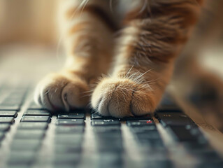 A cats paw delicately pressing a keyboard key, with its fur detailed in soft focus against a muted...