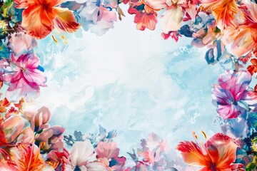 Watercolour illustration of a frame from abstract flowers with a white copy space on a center. AI generated - 781183375