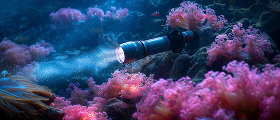 A divers flashlight revealing an underwater world of light, where every movement triggers a burst of marine phosphorescence - obrazy, fototapety, plakaty