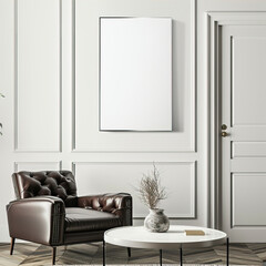 White, empty frame on the wall in a room with black  armchair and a small table
