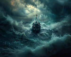 A fishing vessel riding out a storm, decks awash with water, framed by the dark, ominous clouds of a coastal maelstrom - obrazy, fototapety, plakaty