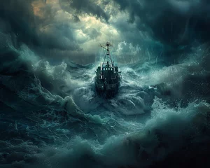 Foto op Canvas A fishing vessel riding out a storm, decks awash with water, framed by the dark, ominous clouds of a coastal maelstrom © Lalida