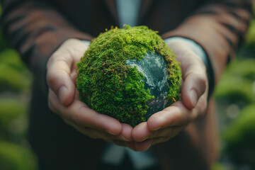 A business man in a suit holding a green planet Earth made of moss, in a close up shot, with a...