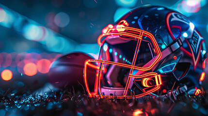 A neondetailed football helmet and ball, set against an actionpacked game night scene, highlighting the sports energy