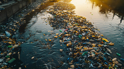 A river choked with plastic waste and industrial runoff, the waters surface barely visible beneath the debris, reflecting the negligence towards water bodies