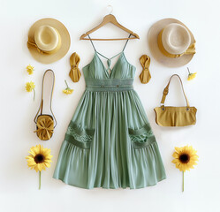 Women summer outfit flat lay with dress, sun hat, bags and flowers at white background. Top view