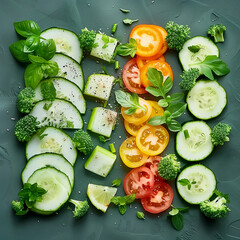 Slices vegetables salad ingredients flat lay, top view. Healthy and clean food - 781184527