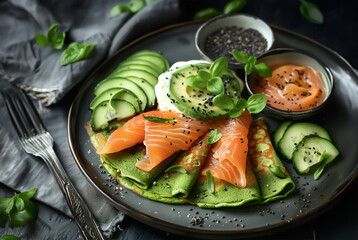 Green pancakes with salmon and avocado on black plate. Healthy food - 781184726
