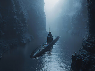 A stealthy nuclear submarine navigating through deep ocean canyons, its silhouette barely visible in the dim light