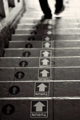 Top view of signs showing directions on stairs in Bandung, Indonesia, shot in grayscale