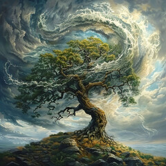 An entire oak tree, leaves rustling violently, rising with roots entwined in a whirlwinds powerful updraft